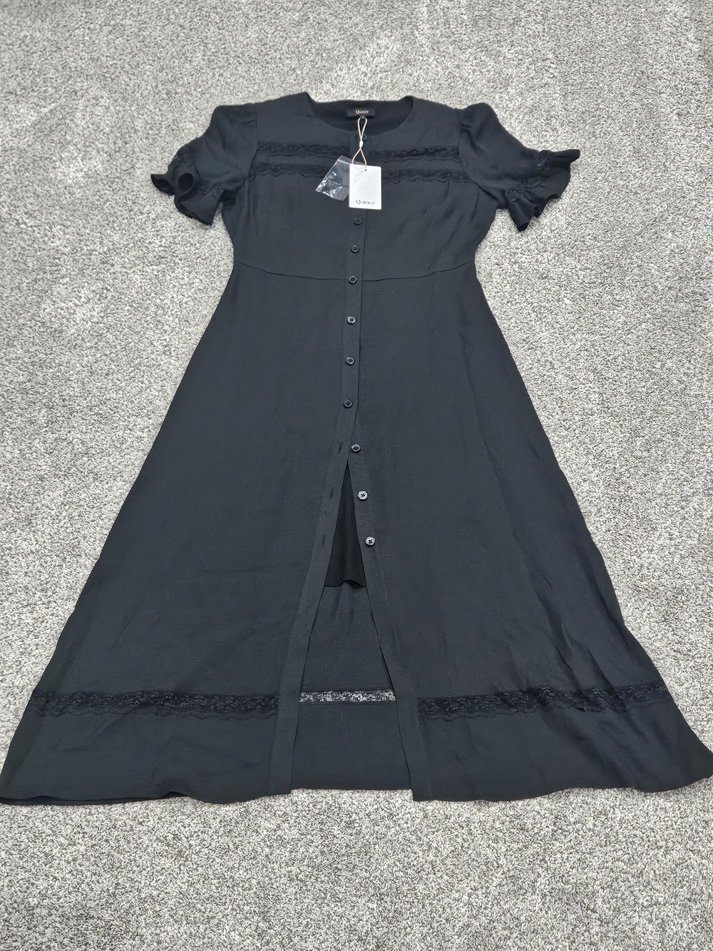 Quince Black Button-Down Lace-Trim Midi Dress NWT